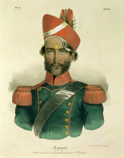Un Sepoy: un soldado indio en el batallón francés en Pondicherry, grabado por Racinet de Jacques Francois Gauderique Llanta